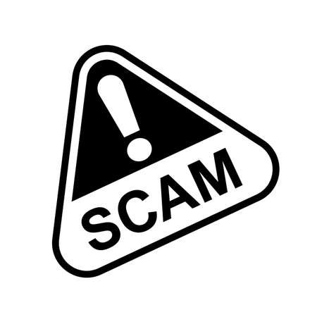 scam triangle sign for icon isolated on white, scam warning sign graphic for spam email message and error virus, scam alert icon triangle for hacking crime technology symbol conceptのイラスト素材