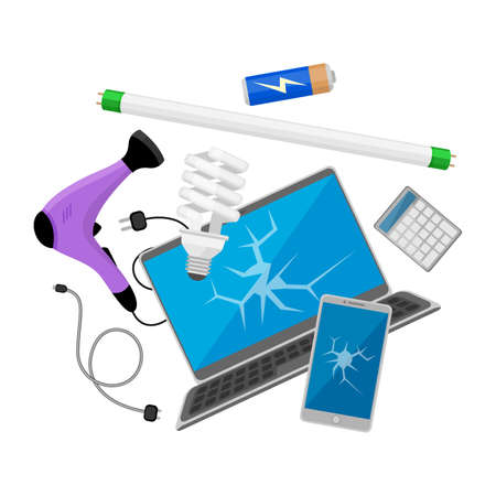 electronic waste isolated on white background, e-waste collection, waste electrical and electronic equipment, illustration e-waste garbage, pile of garbage electronic for separationのイラスト素材