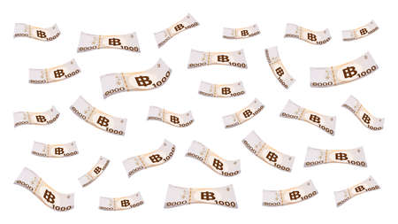1000 baht thai money flying isolated on white background, banknote money falling from top image, thai currency one thousand THB, many paper money illustration, background money bank note of thailandのイラスト素材