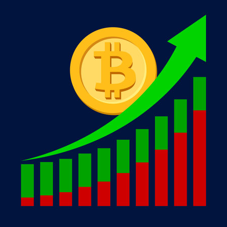 bitcoin currency on graph with green arrow pointing up, bitcoin money symbol on chart bar arrow for success growth concept, currency digital money on graph investment growth, bitcoin icon on graphのイラスト素材