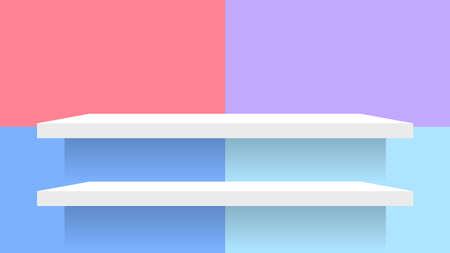 pastel wall mosaic tiles and plank shelf white for product display, simple wall square pattern and table shelves shelf for cosmetics, wall pastel soft, table plank on colorful square shape and chicのイラスト素材