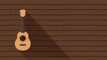 ukulele cute hanging on a wooden wall background and copy space, small ukelele color wood wall for banner, realistic ukelele for classical music play, ukulele classic retro style at wall, small guitarのイラスト素材