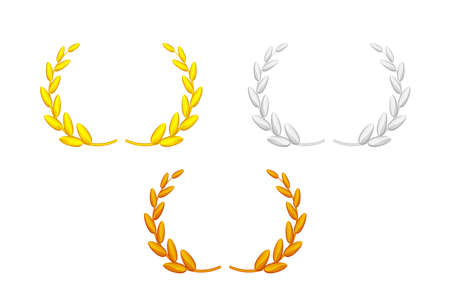 laurel wreath gold silver and copper set isolated on white, circle frame golden laurel wreath symbol, silver laurel wreath of graduation certificates card, royal luxury vip for ornament avatar vintageのイラスト素材