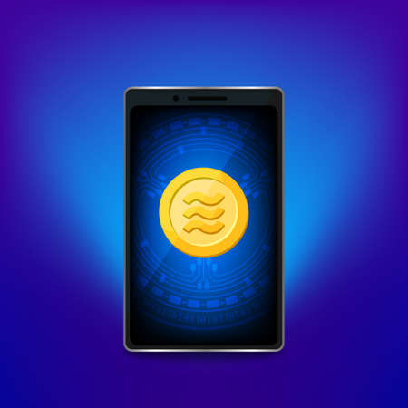 Coin gold realistic logo Libra Calibra currency in smart phone screen, Libra Calibra golden coin in mobile smart phone with mobile banking application, Digital currency money coins financialのイラスト素材