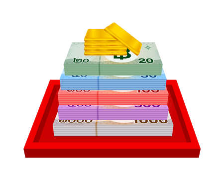 gold bars and stack thai money, gold bullion and banknote THB of thailand, financial business and savings concepts, thai baht money and gold bar in red tray, bank note paper money bullion goldのイラスト素材
