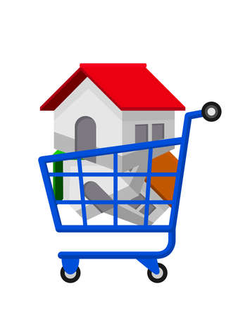 house in shopping cart for icon isolated on white, home in basket cart for sale or house buy symbol web shop, trolley and house for real estate property conceptのイラスト素材