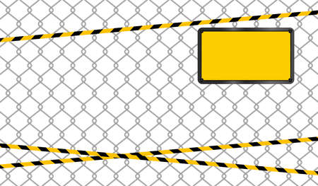 tape yellow black stripe on wire mesh, rectangle for warning sign, rectangle sign yellow on wire mesh isolated on white background, warning space with ribbon tape or comfort safety zone, copy spaceのイラスト素材
