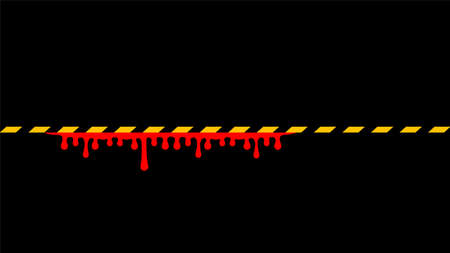 tape line yellow black stripe and blood drop isolated black background, warning space with ribbon tape sign or comfort safety zone, safety banner for copy space, red blood on yellow black stripe tapeのイラスト素材