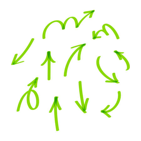 arrow doodle line green isolated on white, green arrow line with the pen marker brush, arrow drawing pointer line for clip art, hand drawn arrow green with free hand shapeのイラスト素材