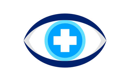eye blue with cross sign isolated on white, eyeball and plus symbol, health care eye concept, eyesight, see, vision, look, view and optical symbol, blue eye for graphic logoのイラスト素材