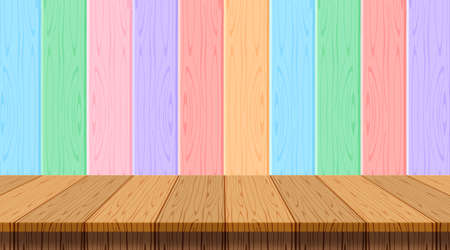 wood plank empty on wooden wall pastel soft background for copy space, table wood on wall rainbow soft color, wood plank front view for banner, wooden table on pastel wall strip, plank colorful softのイラスト素材