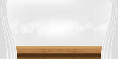 tabletop front view and luxury grey curtains for advertise product display, wooden top table decoration with curtain white, wood plank board space for banner copy space, empty wood table for banner adのイラスト素材