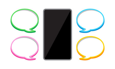 smartphone and speech bubble, chat concept, dialog box for copy space message, smartphone with bubbles speech for messaging dialog, chatting with chat bot robot on cellphone, messaging bubbles flatのイラスト素材