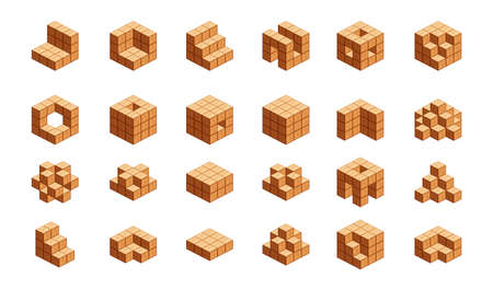 wooden cubes isometric for children learning, wood cubes sample with different isolated on white, 3d cubes wood for logic counting of preschool children, block wooden square for mathematical game kidsのイラスト素材