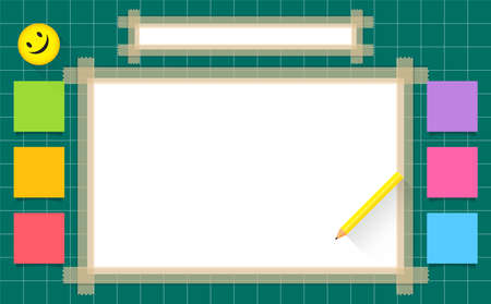 paper white top view blank and copy space text, with grid line pattern green, artistic creative design workspace and pencil, mock-up paper artwork for watercolor paints, back to school or children artのイラスト素材