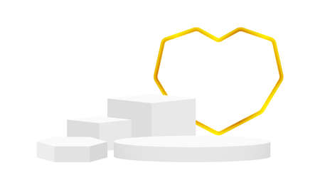 modern pedestal stage white grey and luxurious gold heart shaped frame backdrop, stage podium 3d for cosmetics product luxury display show, pedestal stand deluxe, ornate pedestal for award and successのイラスト素材