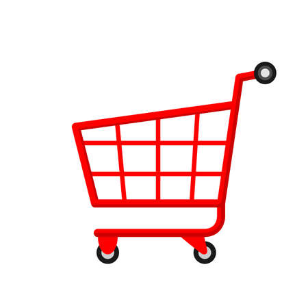 red cart for icon shopping online isolated on white, basket cart for purchase in online shop, trolley cart symbol for e-commerce, clip art red cart for shopping conceptのイラスト素材