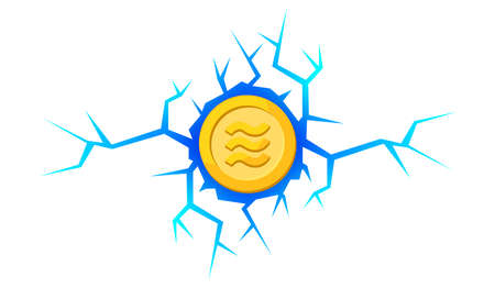 Coin gold realistic logo Libra Calibra currency on blue crack hole, Libra Calibra currency golden coin is Digital currency virtualのイラスト素材