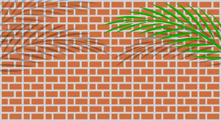 red brick wall tile and leaves palm for background and copy space, bathroom wall brick tile and leaf coconut palm shadow, brickwork texture and coconut leaves, red brown brick wall and palm branchesのイラスト素材