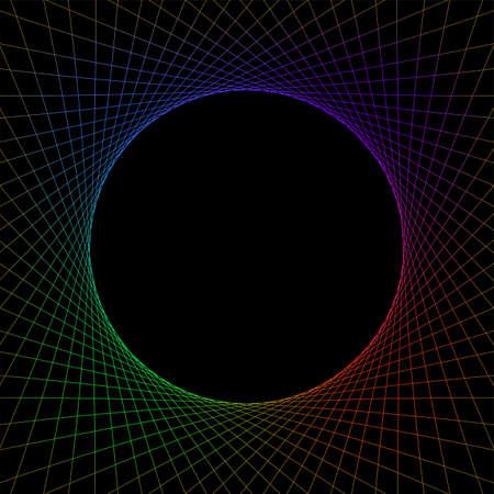colorful sparkling circle frame lines on dark black, background light line circle shape for banner and copy space, abstract color glowing spiral art line for background, copy spaceのイラスト素材