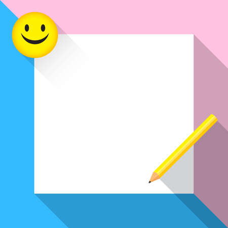 white paper frame background blank on pink blue pastel colors, smiley face badge and pencil on paper empty for copy space, square paper note white flat lay top view pastel colors for banner backgroundのイラスト素材