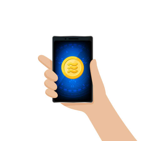 Coin gold logo Libra Calibra currency in smart phone screen, Hand holding a smartphone and Libra Calibra golden coin with logo for banking application, Digital currency money coins financialのイラスト素材