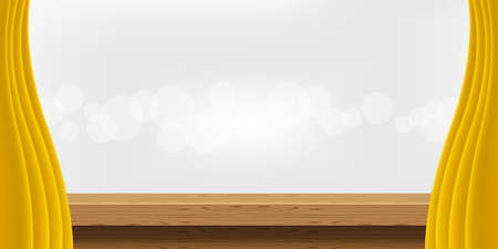 wood table and luxury yellow gold curtains for advertise product display, wooden top table decoration with curtain, wood plank board space for banner copy space text, tabletop front view for banner adのイラスト素材