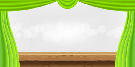 empty wood table and luxury green curtains for advertise product display, wooden top table decoration with curtainsのイラスト素材