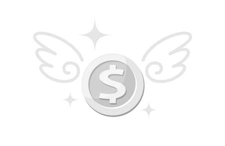 money silver coin and wing, icon penny and wings fly concept, symbol dollar money coin fly up, loss financial, money fly symbol with loss tax or debt conceptのイラスト素材