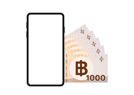 banknote money thai 1,000 baht and smartphone screen isolated on white, smart phone screen and money thailand THB, mobile phone wallet, paper money and smartphone, online shopping conceptのイラスト素材