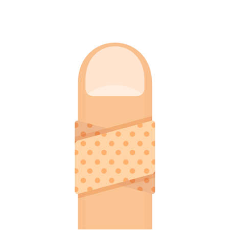 bandaged at finger isolated on white, plaster plastered on fingers healthcare accident concept, cartoon clip art bandage finger, icon provision first aid, damaged wound finger and plaster tape symbolのイラスト素材