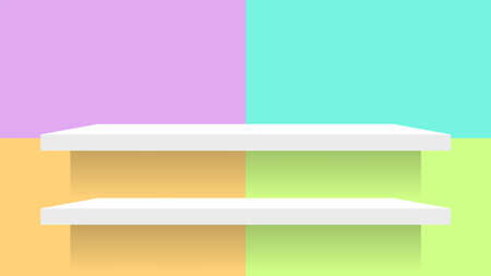 pastel wall mosaic tiles and plank shelf white for product display, simple wall square pattern and table shelves shelf for cosmetics, wall pastel soft, table plank on pastel color square shapeのイラスト素材