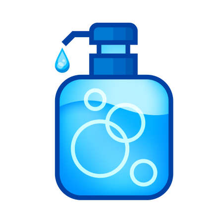 alcohol gel bottle icon blue isolated on white, bottle pump hand wash gel symbol, soap gel bottle iconのイラスト素材