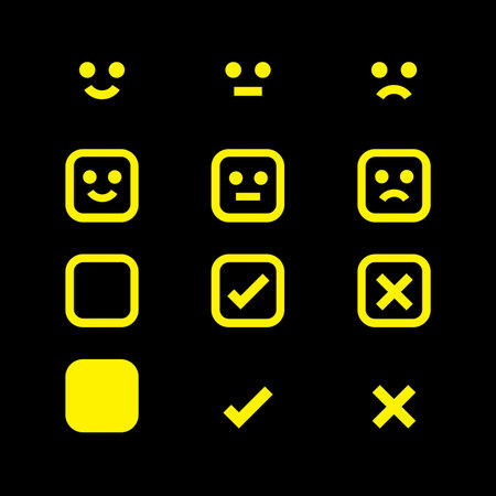 yellow glowing icon emotions face, emotional symbol and approval check sign button, fluorescent...