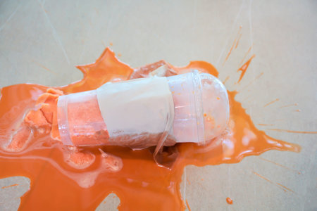 milk tea glass fall on the floor, garbage waste plastic, water wet and dirty floor