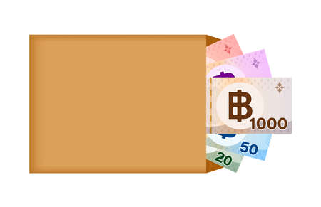 thai baht banknote money in bag paper isolated on white, thai currency banknote THB many in the bag paper brown, money thailand baht for icon, illustration paper money with B symbol graphicのイラスト素材