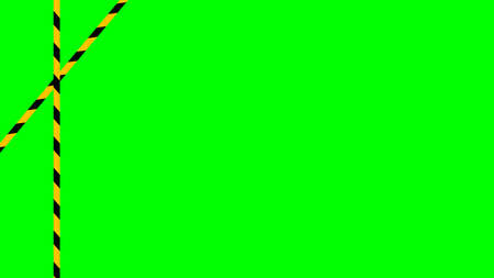 caution tape stripe on green screen background, green screen video and safety strip, warning tape line over green screen colour, ribbon yellow black striped on chroma key screenのイラスト素材