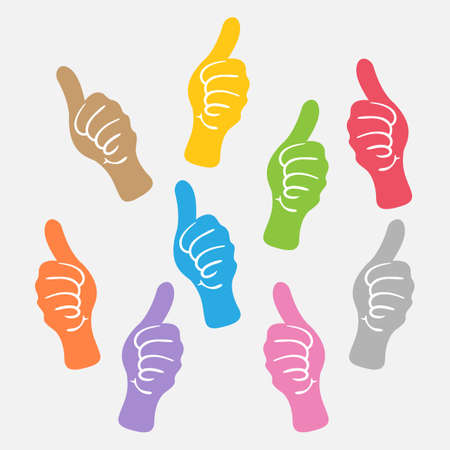 hand thumbs many, like and show hand thumb symbol, thumb up for ok, approve, confirm, yes, best and meeting concept, simple hand thumb colorfulのイラスト素材