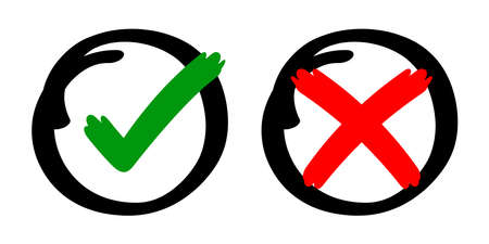 check mark sign yes or no with stripes brush hand drawn, checkmark cross or right tick choice for vote, accept or x icon graphic red green for voting isolated on white, handwritten conceptのイラスト素材