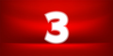 Number three white glow on red luxurious background, No. 3 on red background, Number 3 for Banner...