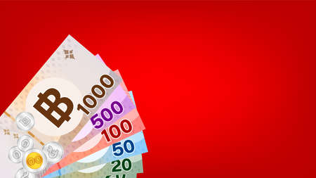 banknote money thai baht on red background, thai currency THB for background, money thailand baht flat style in top view, paper money and space for banner, illustration bank note and copy space textのイラスト素材