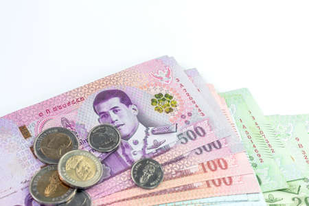 money banknote thai baht on white background, savings money and financial business concept, copy spaceの写真素材