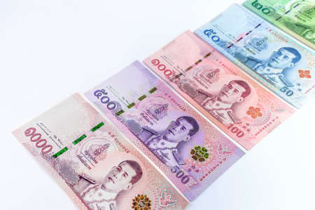 money banknote thai baht on white background, collection thai paper money, currency thailandの写真素材