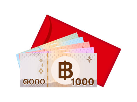 Red Packet and Money Banknote Thai Baht, Red Envelope for New Year China, Chinese red Envelopeのイラスト素材