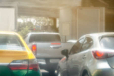 blurred car traffic jam on the road urban, busy cars driving in hour traffic jamの写真素材