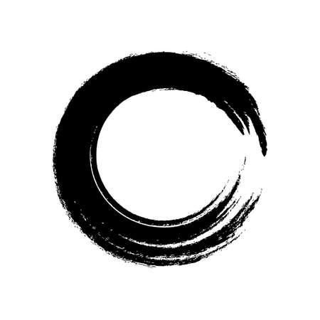 black circle brush enso symbol, smear circle shape with scribble hand drawn, ink dirty stain black on white, paint stripe brush strokes circle symbolのイラスト素材