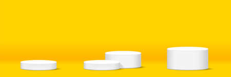 cylinder podium for make-up product display, yellow background, podium stage showcase for advertising cosmetics banner, copy space, 3D illustrationのイラスト素材