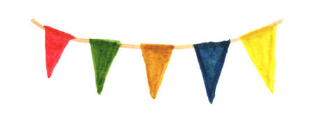 colorful flag hanging line watercolor style hand drawn, illustration triangle flag, triangle flag for event party decorationの写真素材