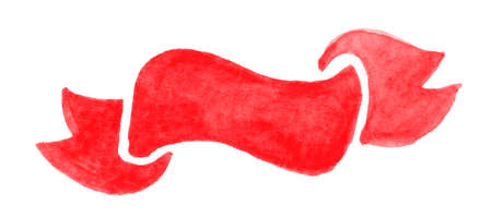 cute ribbon red watercolor style, ribbon shape hand drawn for sticker clip art, watercolor retro ribbon for decorationの写真素材