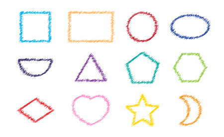 basic geometric shape, chalk doodle paint concept, scribble basic shape in pastel colorのイラスト素材